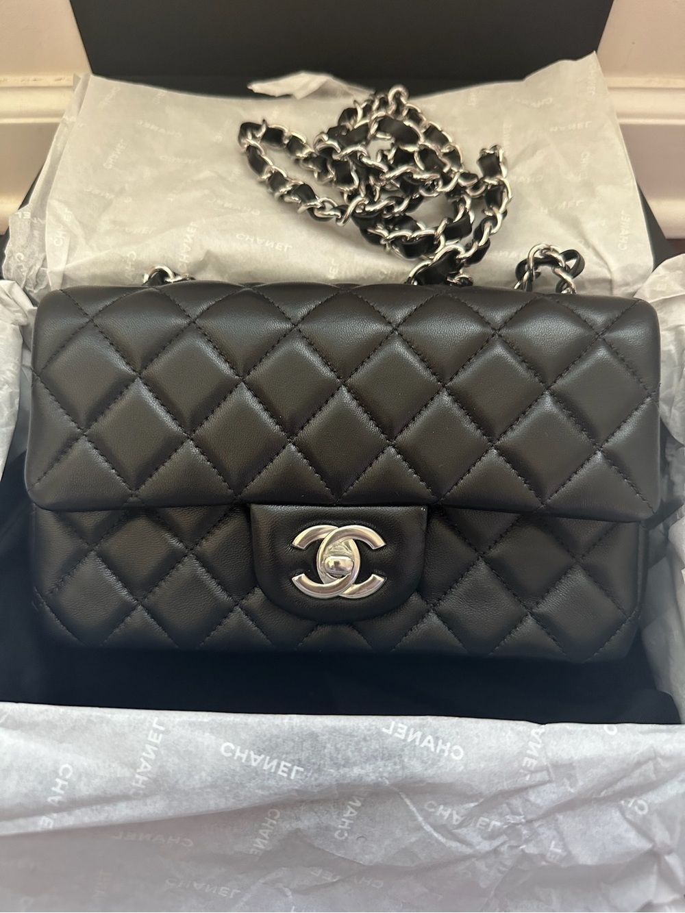 CHANEL Black Mini Quilted Classic Flap Bag With Silver Hardware